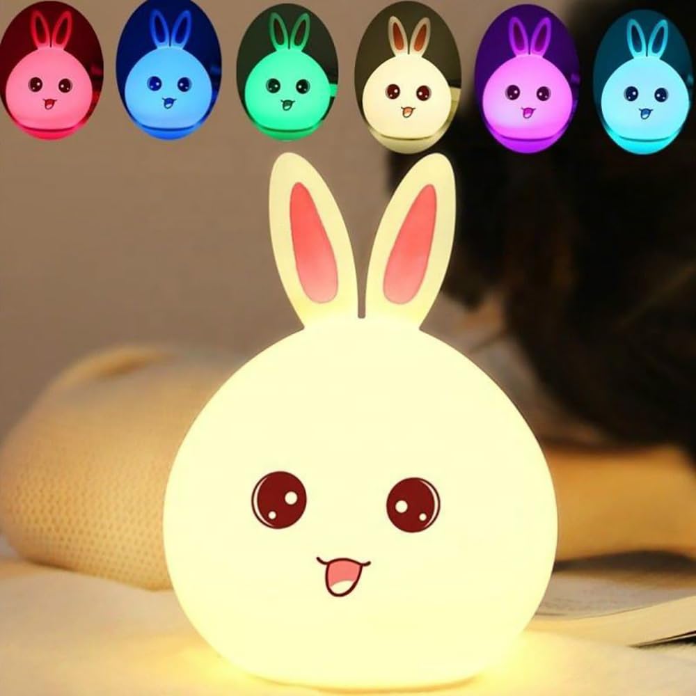 Silicone Rabbit Night Light | USB Rechargeable 7 Color-Changing LED Lamp with Touch Sensor Control | Kids Bedroom Décor & Gift for Baby